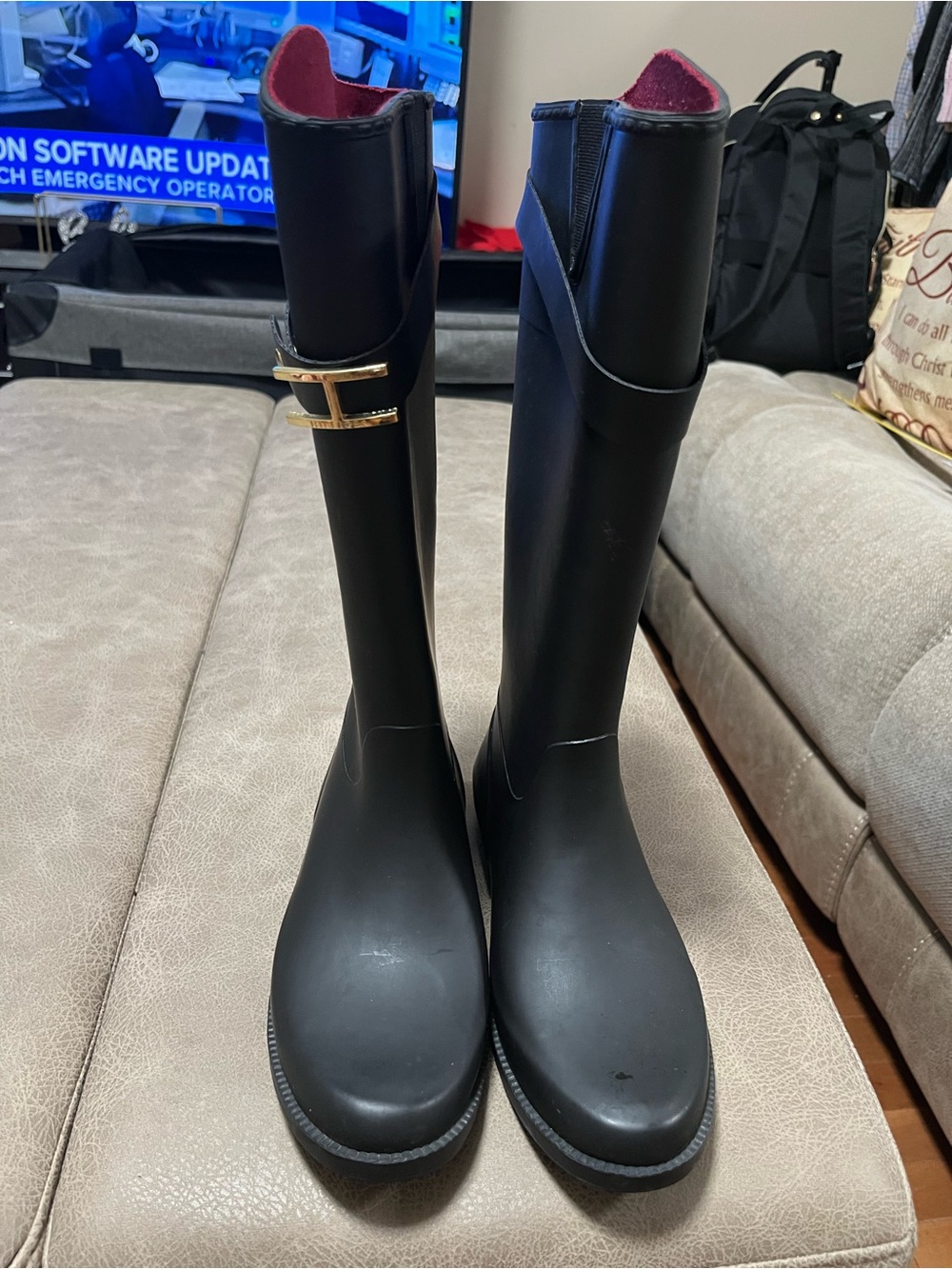 Black Women's Tall Rain Boots with Gold Buckle size 8